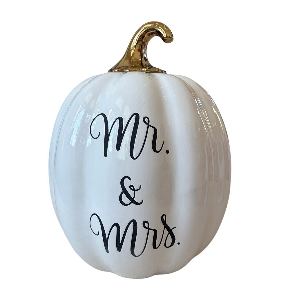 Martha Stewart MR. & MRS. Ceramic Pumpkin White Gold Stem 13in Fall Decor NEW
